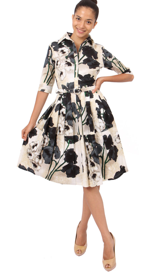 1/2 Sleeve | Poppy | Ivory Black | Front-1 | Shirt Dress By Samantha Sung