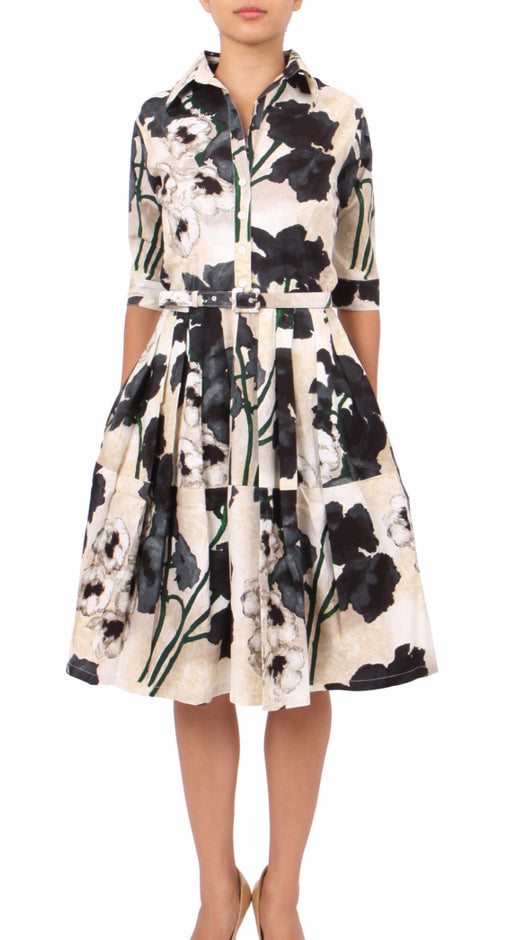 1/2 Sleeve | Poppy | Ivory Black | Front-1 | Shirt Dress By Samantha Sung