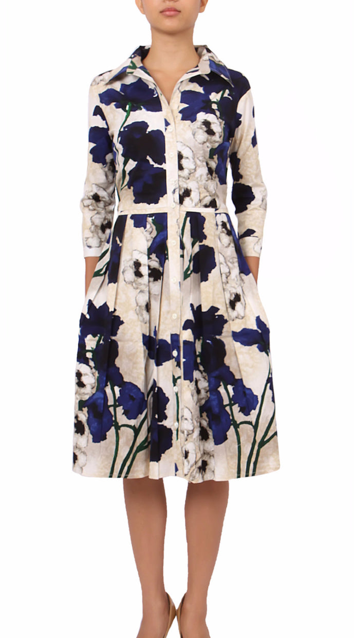 3/4 Sleeve | Poppy | Ivory Cobalt Blue | Front | Shirt Dress By Samantha Sung