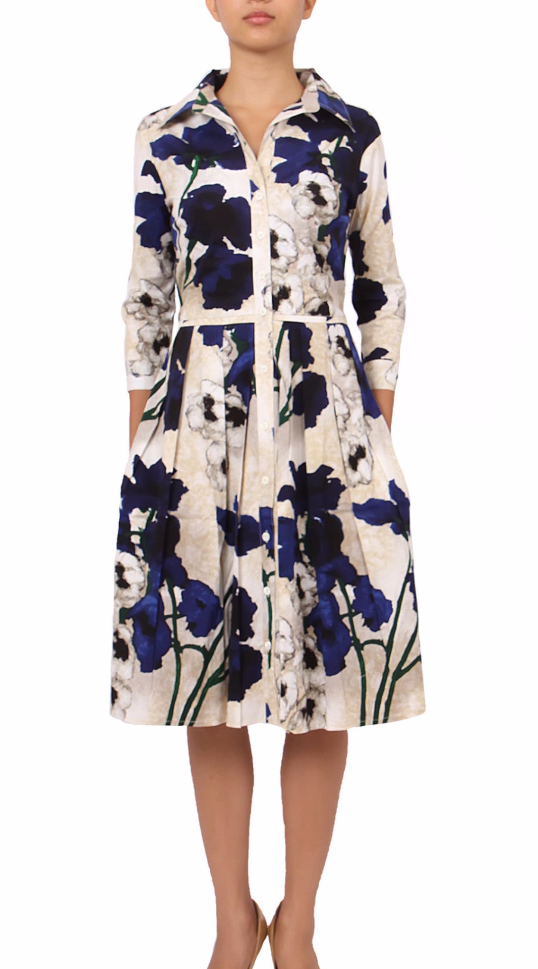 3/4 Sleeve | Poppy | Ivory Cobalt Blue | Front | Shirt Dress By Samantha Sung