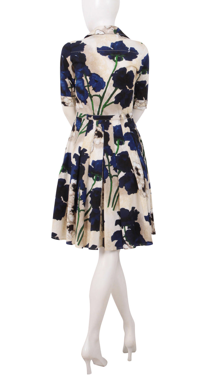 1/2 Sleeve | Poppy | Ivory Cobalt Blue | Back | Shirt Dress By Samantha Sung