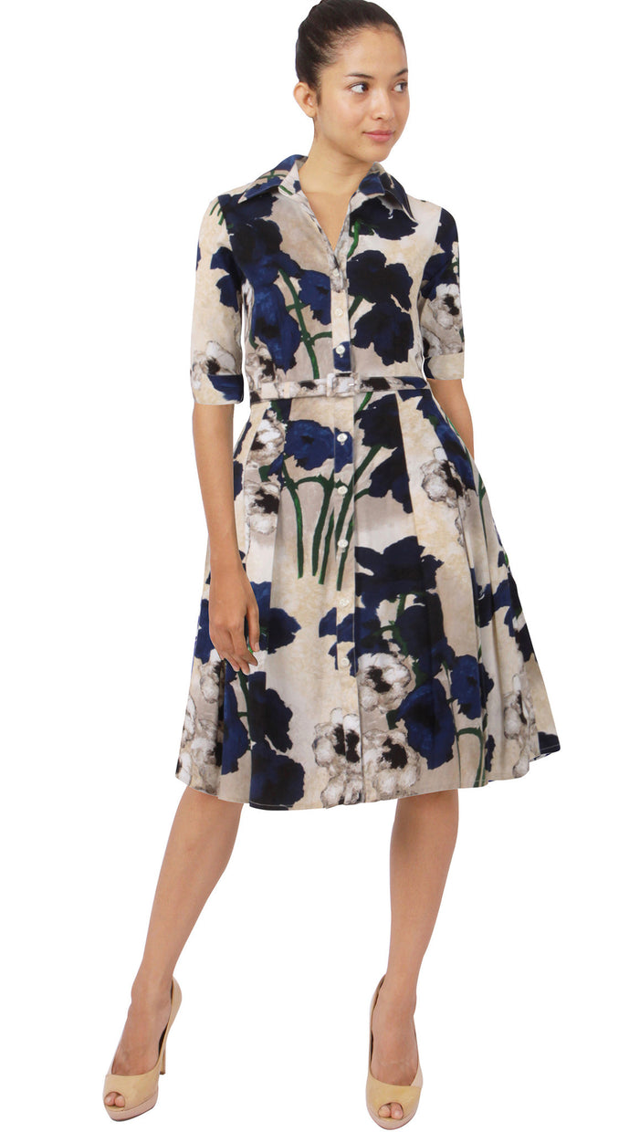 1/2 Sleeve | Poppy | Ivory Cobalt Blue | Front | Shirt Dress By Samantha Sung
