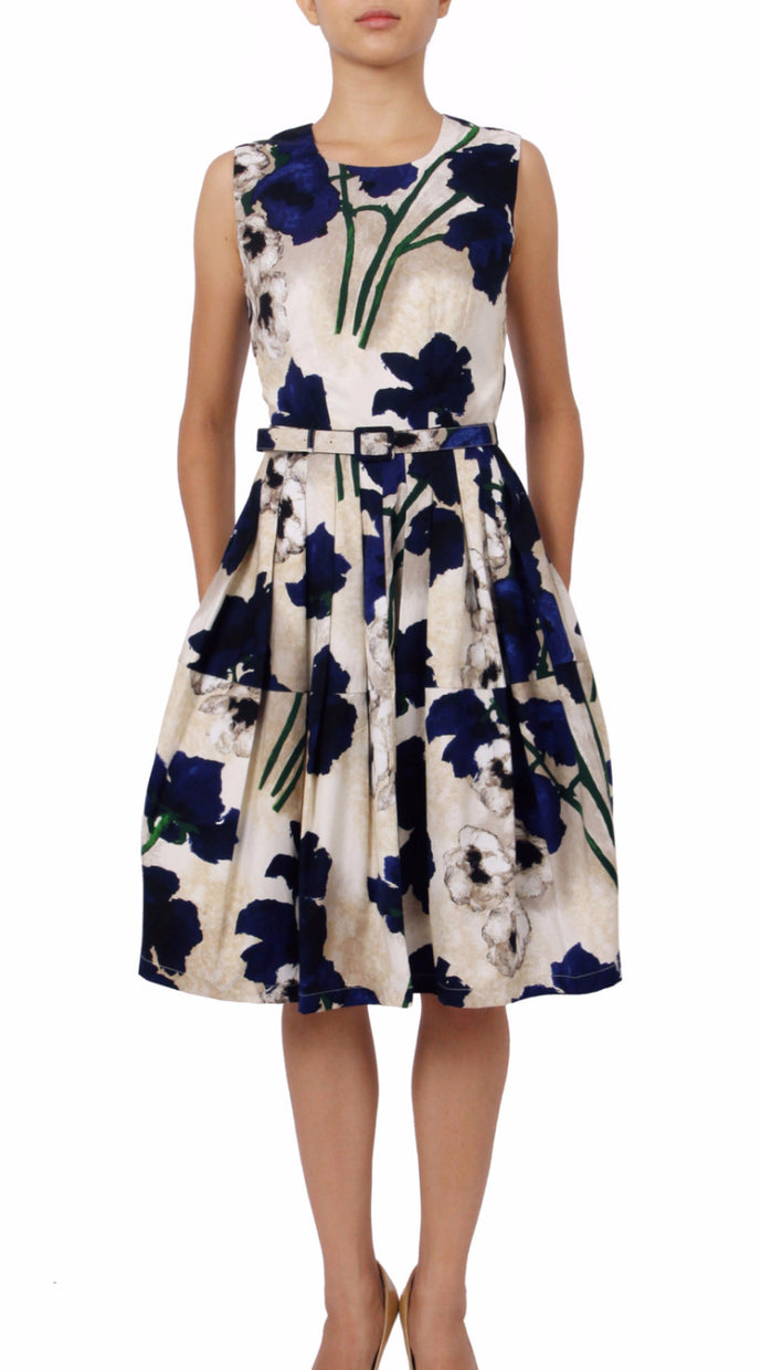 Sleeveless | Poppy | Ivory Cobalt Blue | Front |  Dress By Samantha Sung