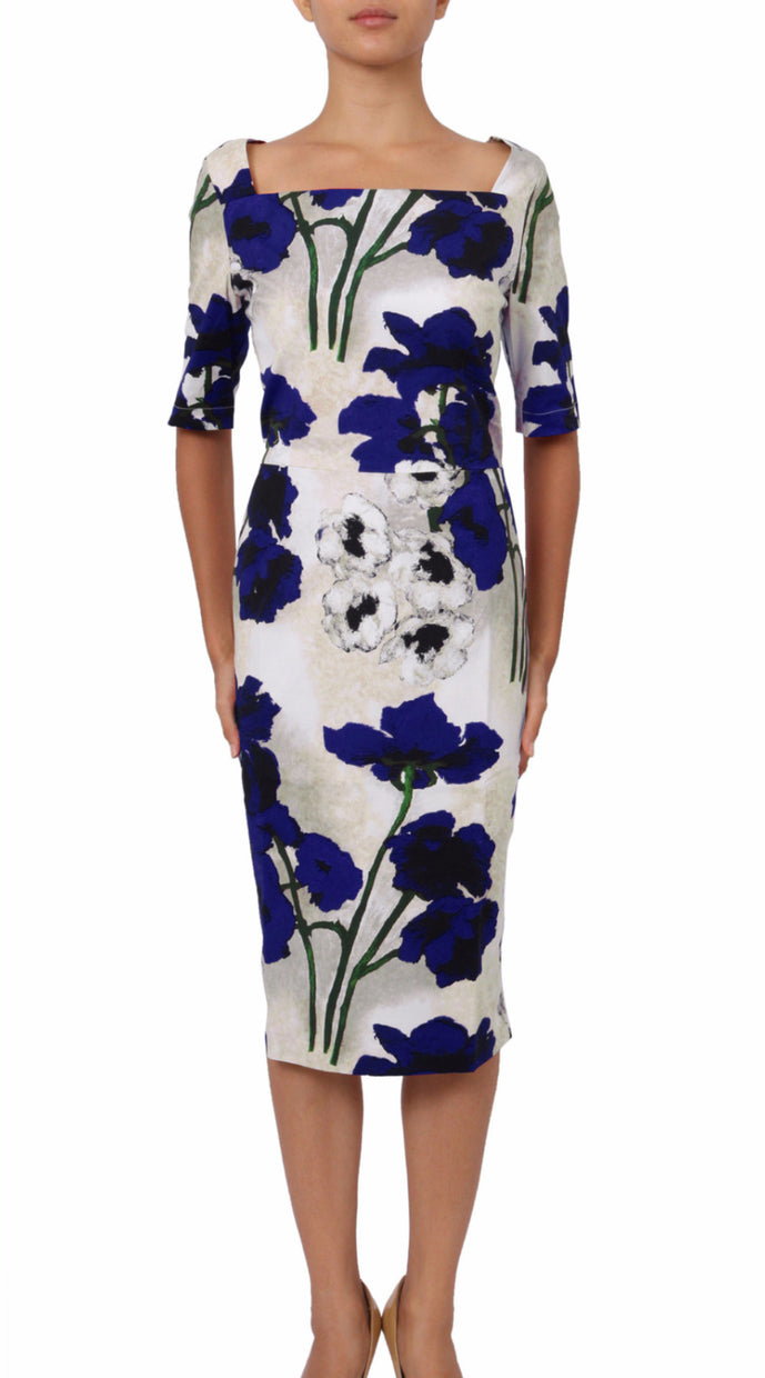 1/2 Sleeve | Poppy | Ivory Cobalt Blue | Front | Dress By Samantha Sung
