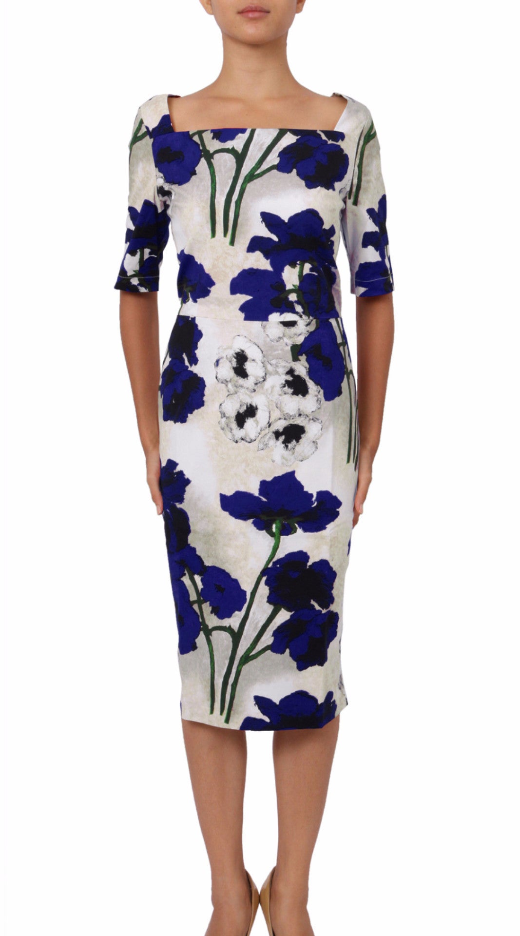 1/2 Sleeve | Poppy | Ivory Cobalt Blue | Front | Dress By Samantha Sung