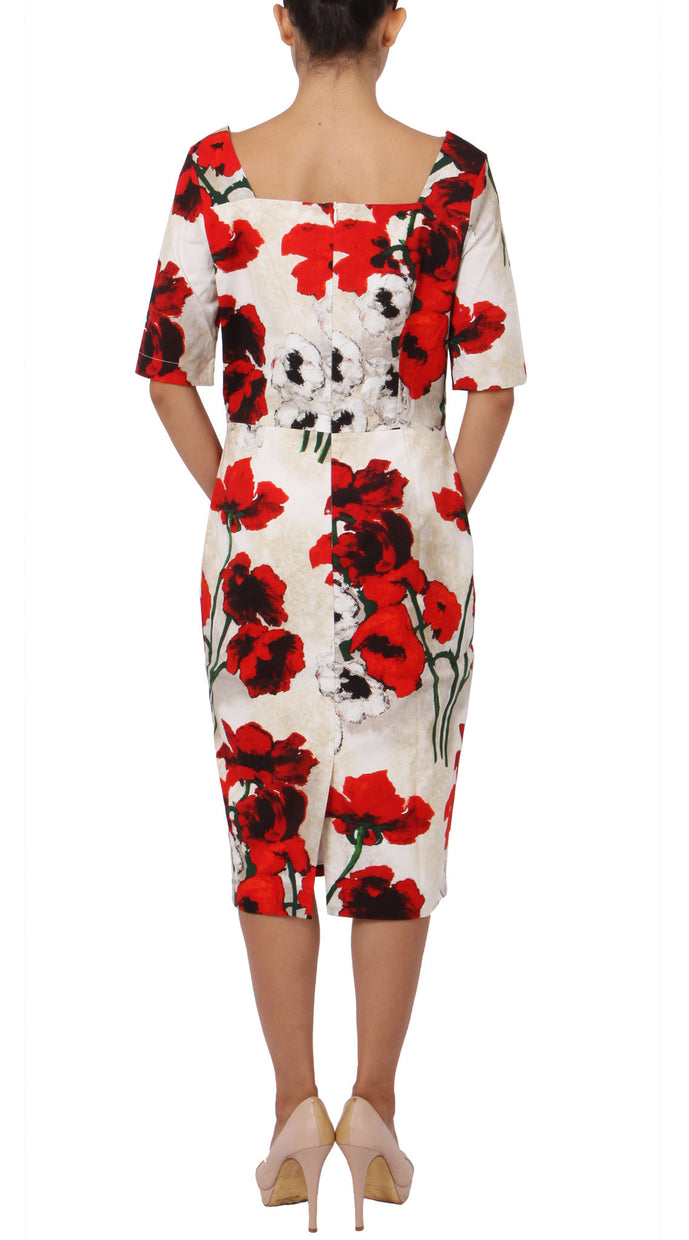 1/2 Sleeve | Poppy | Ivory Indian Red | Back | Dress By Samantha Sung