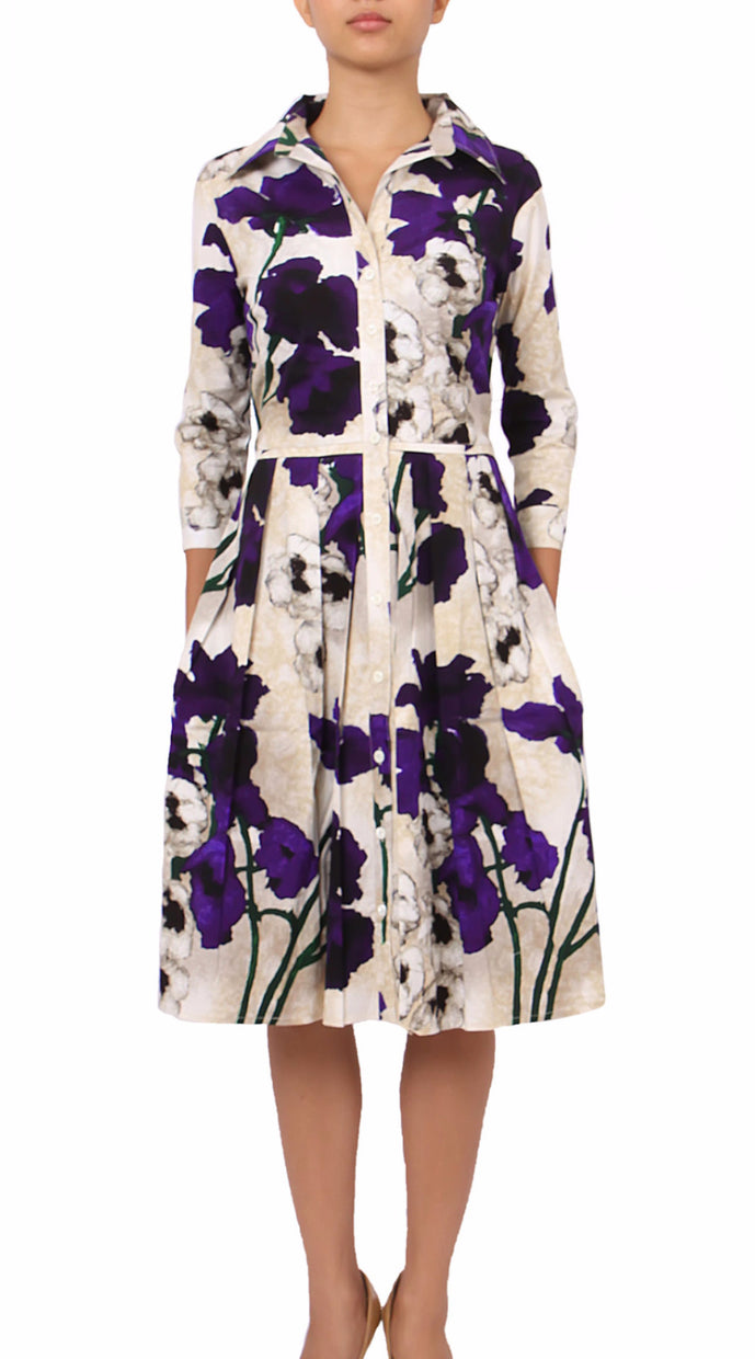 3/4 Sleeve | Poppy | Ivory Lilac | Front | Shirt Dress By Samantha Sung