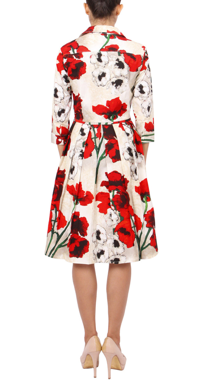 3/4 Sleeve | Poppy | Ivory Indian Red | Back | Shirt Dress By Samantha Sung
