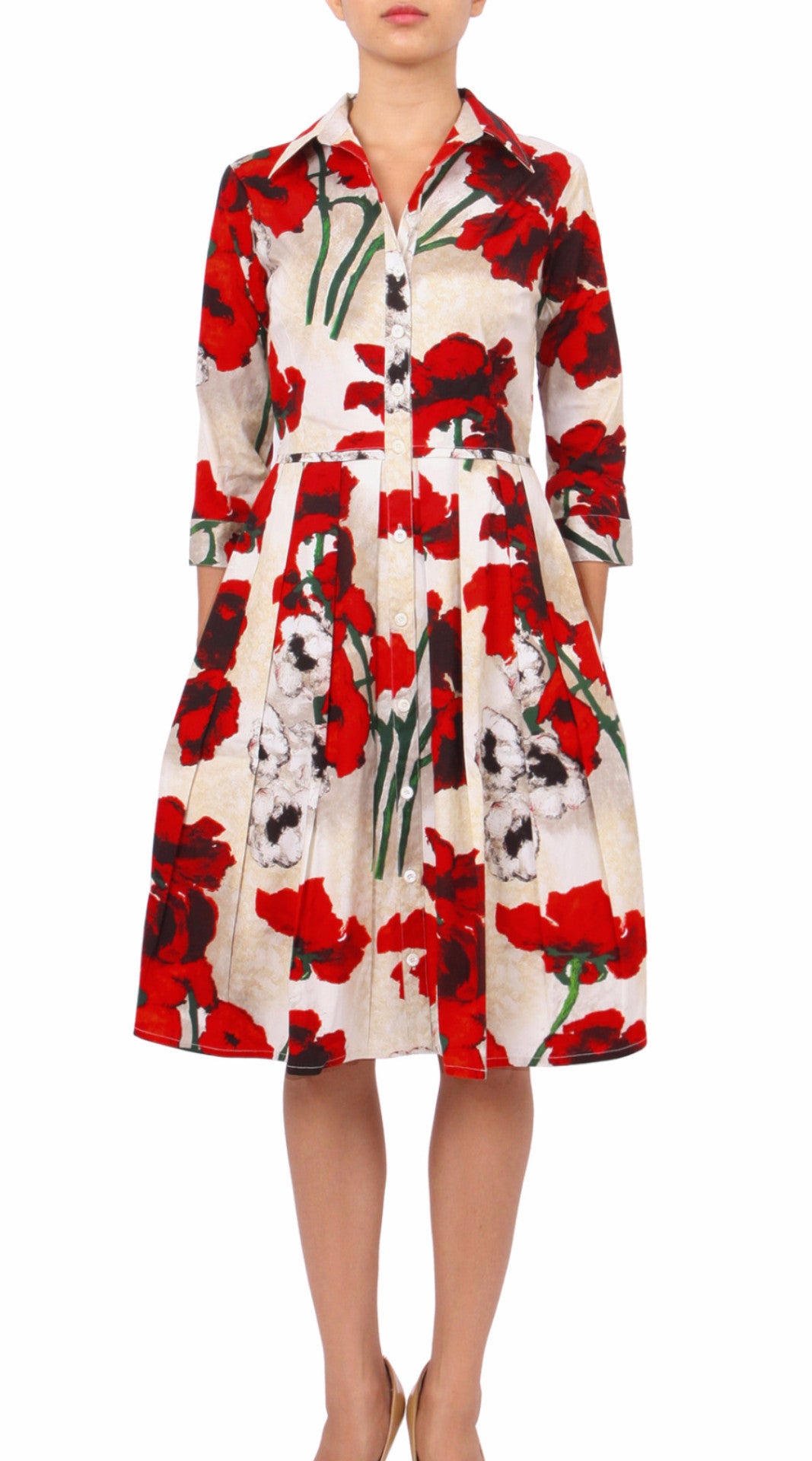 3/4 Sleeve | Poppy | Ivory Indian Red | Front | Shirt Dress By Samantha Sung