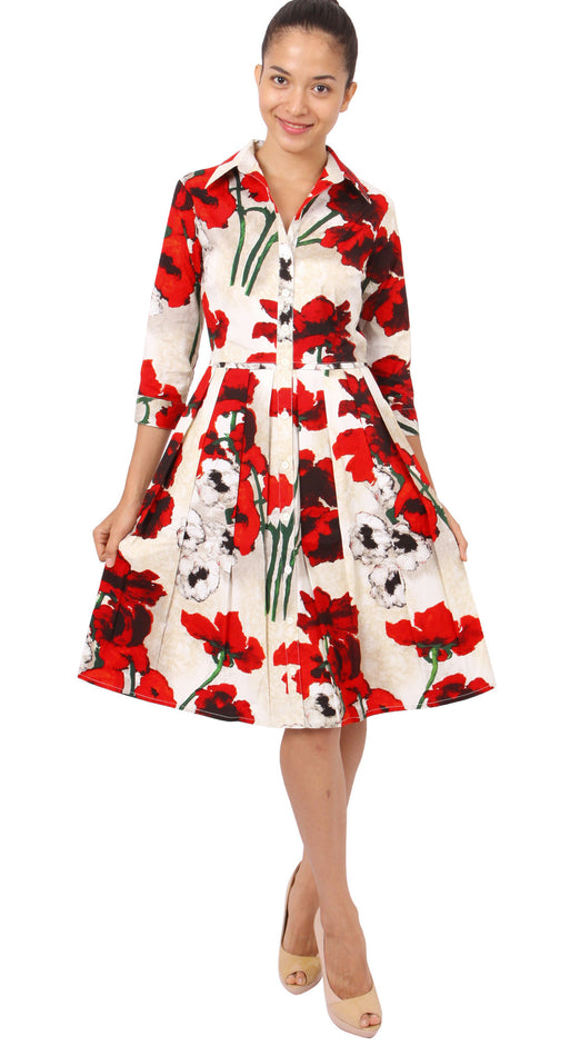 3/4 Sleeve | Poppy | Ivory Indian Red | Front-1 | Shirt Dress By Samantha Sung