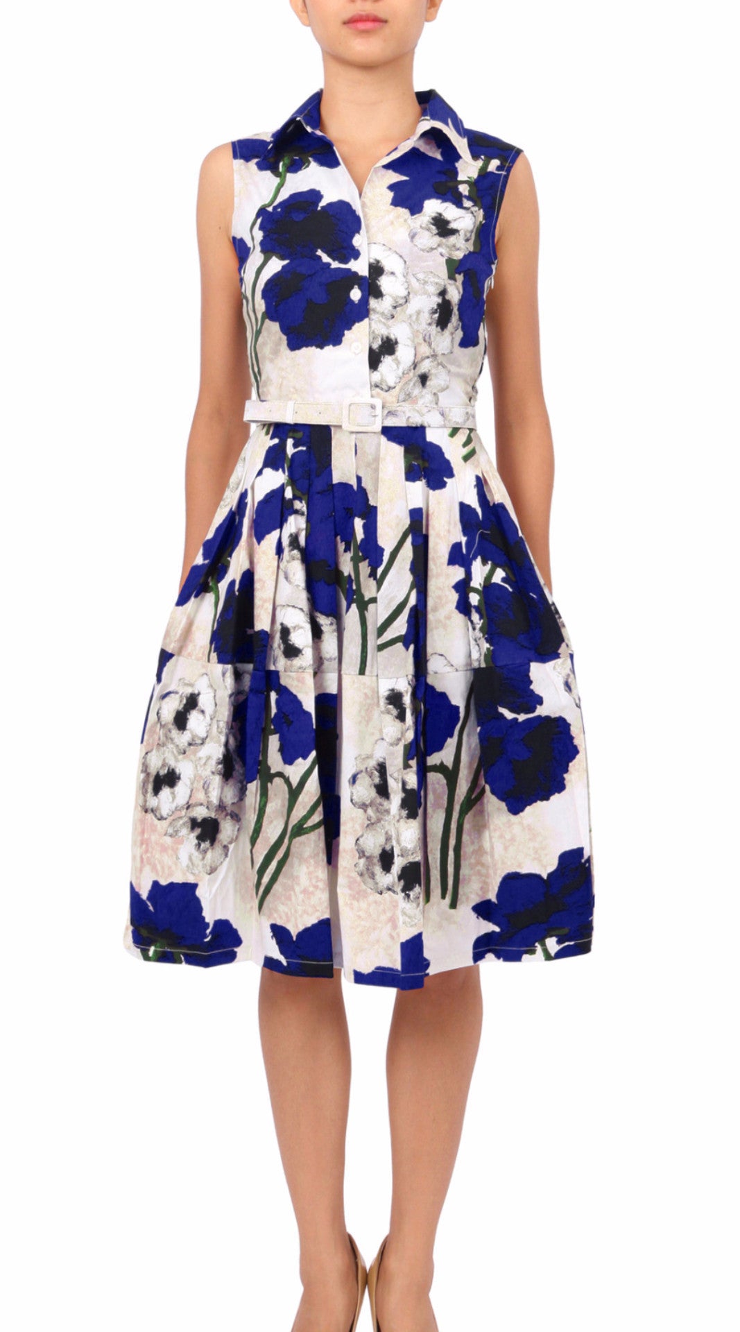 Sleeveless | Poppy | Ivory Cobalt Blue | Front | Shirt Dress By Samantha Sung