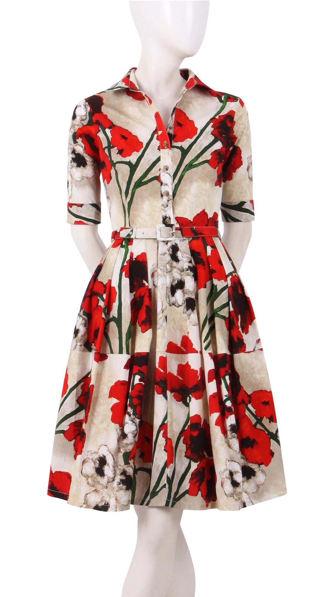 1/2 Sleeve | Poppy | Ivory Indian Red | Front | Shirt Dress By Samantha Sung