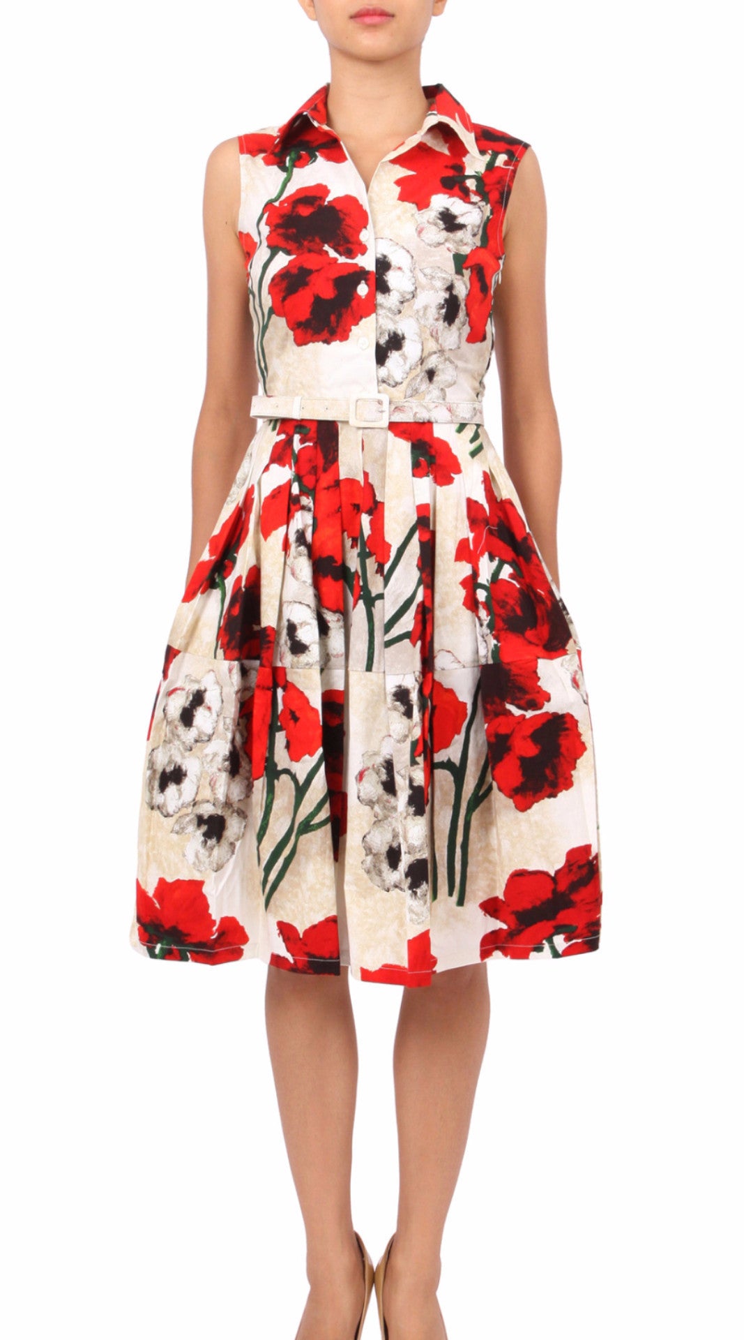 Sleeveless | Poppy | Ivory Indian Red | Front | Shirt Dress By Samantha Sung