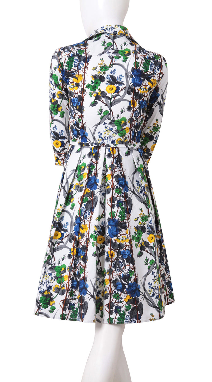 3/4 Sleeve | Queen Mary | White Indigo | Back | Shirt Dress By Samantha Sung