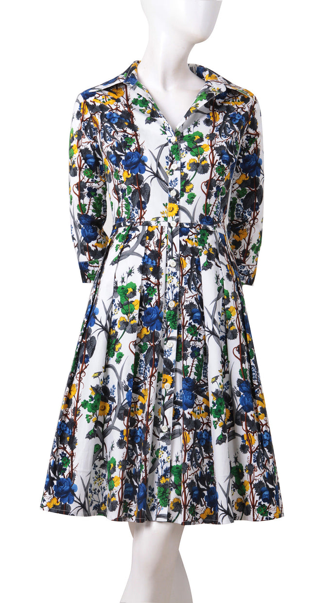 3/4 Sleeve | Queen Mary | White Indigo | Front | Shirt Dress By Samantha Sung