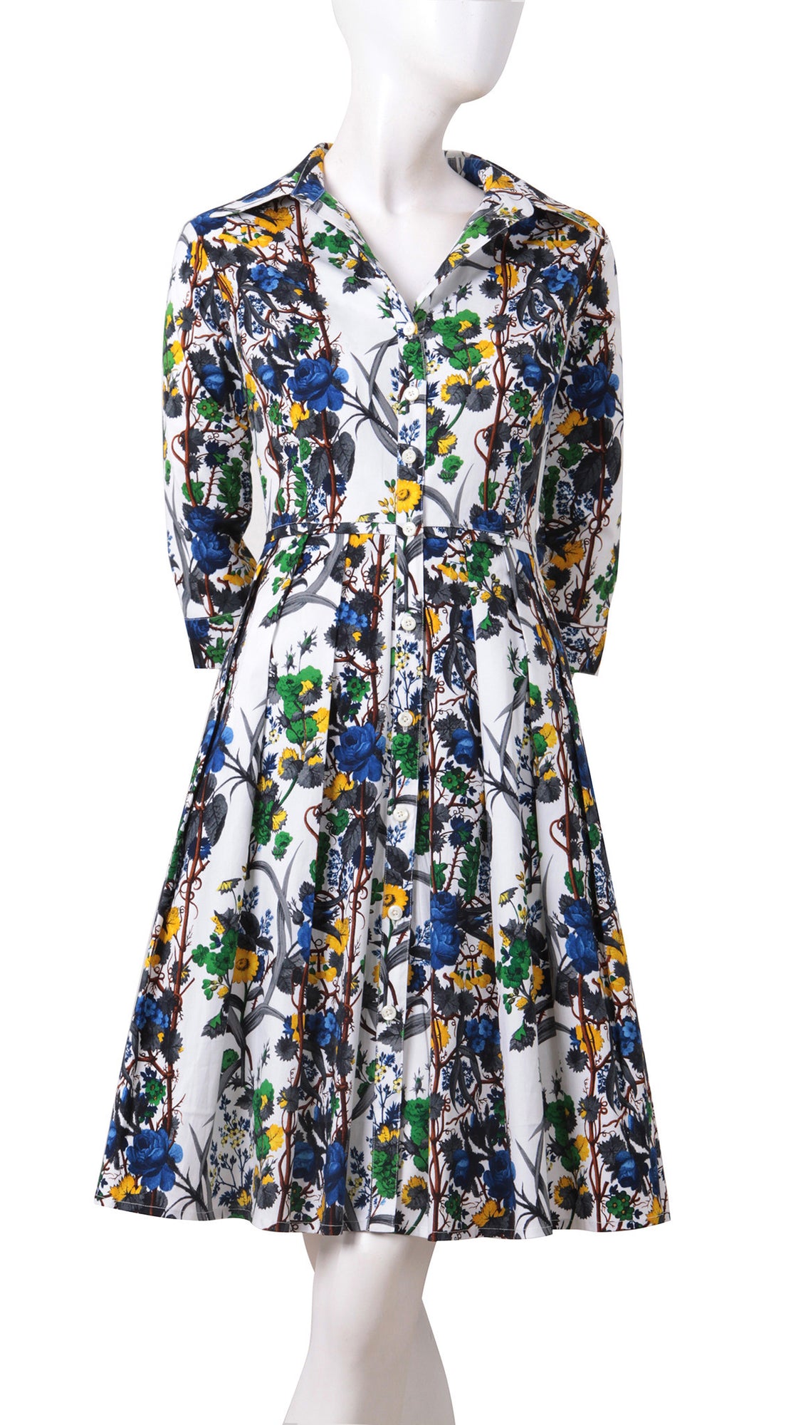 3/4 Sleeve | Queen Mary | White Indigo | Front | Shirt Dress By Samantha Sung