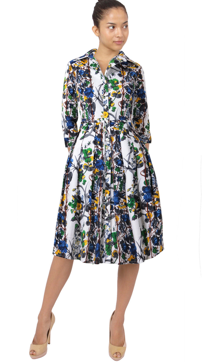 3/4 Sleeve | Queen Mary | White Indigo | Front | Shirt Dress By Samantha Sung
