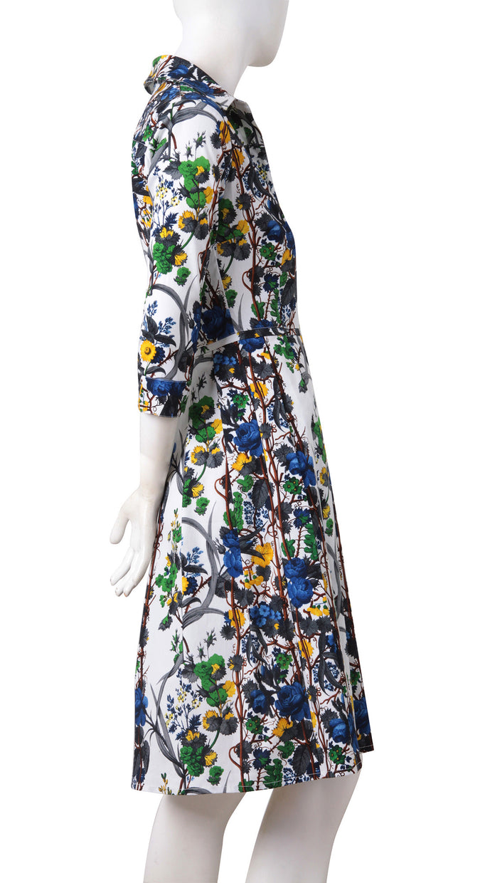 3/4 Sleeve | Queen Mary | White Indigo | Right | Shirt Dress By Samantha Sung
