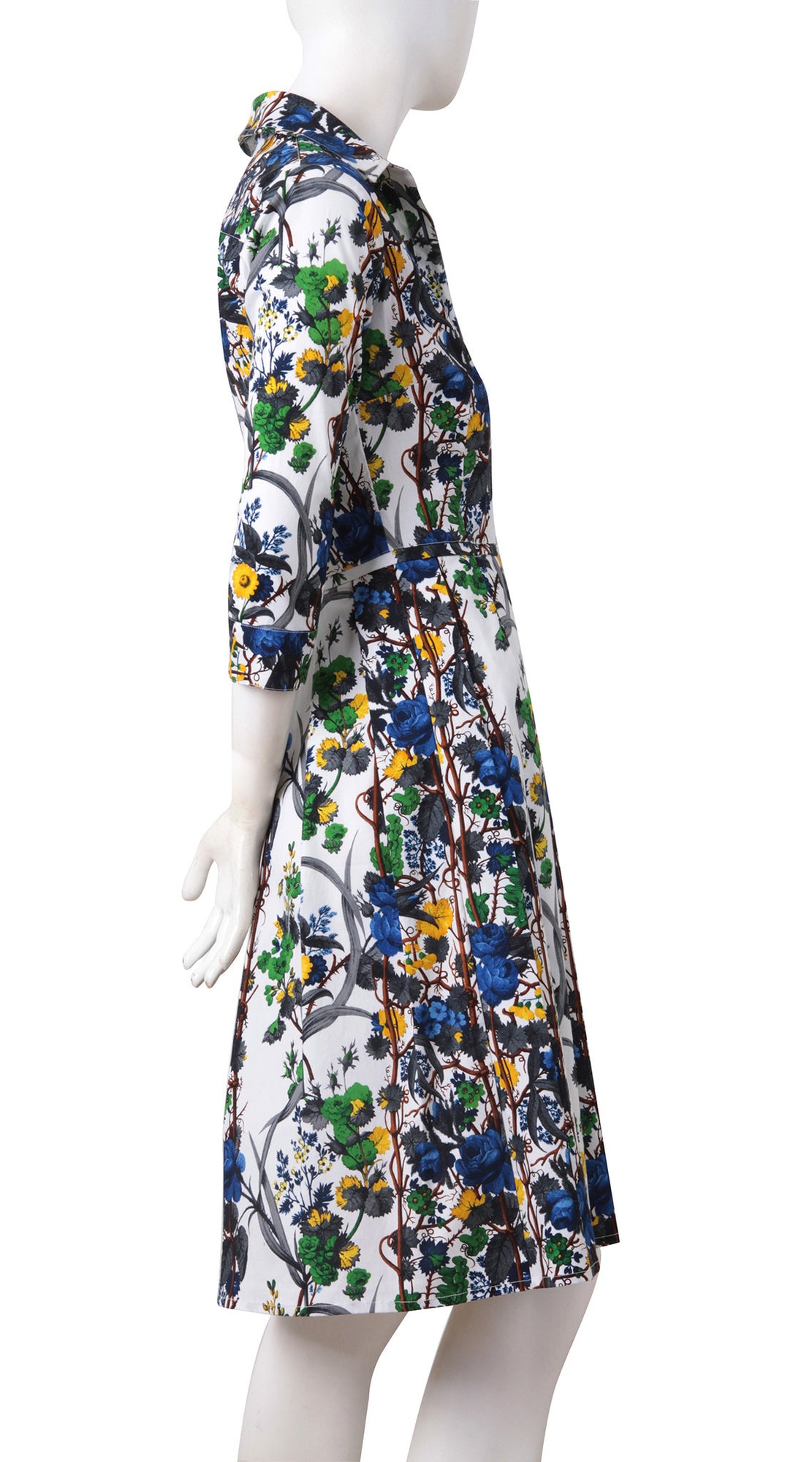 3/4 Sleeve | Queen Mary | White Indigo | Right | Shirt Dress By Samantha Sung