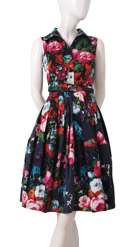 Sleeveless | Rembrandt | Midnight Blue Rose | Front | Shirt Dress By Samantha Sung