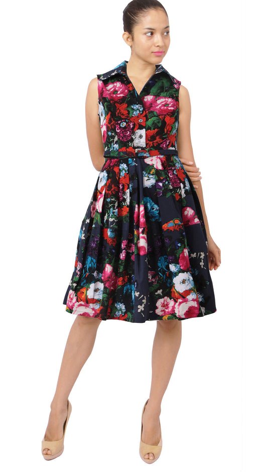 Sleeveless | Rembrandt | Midnight Blue Rose | Front | Shirt Dress By Samantha Sung