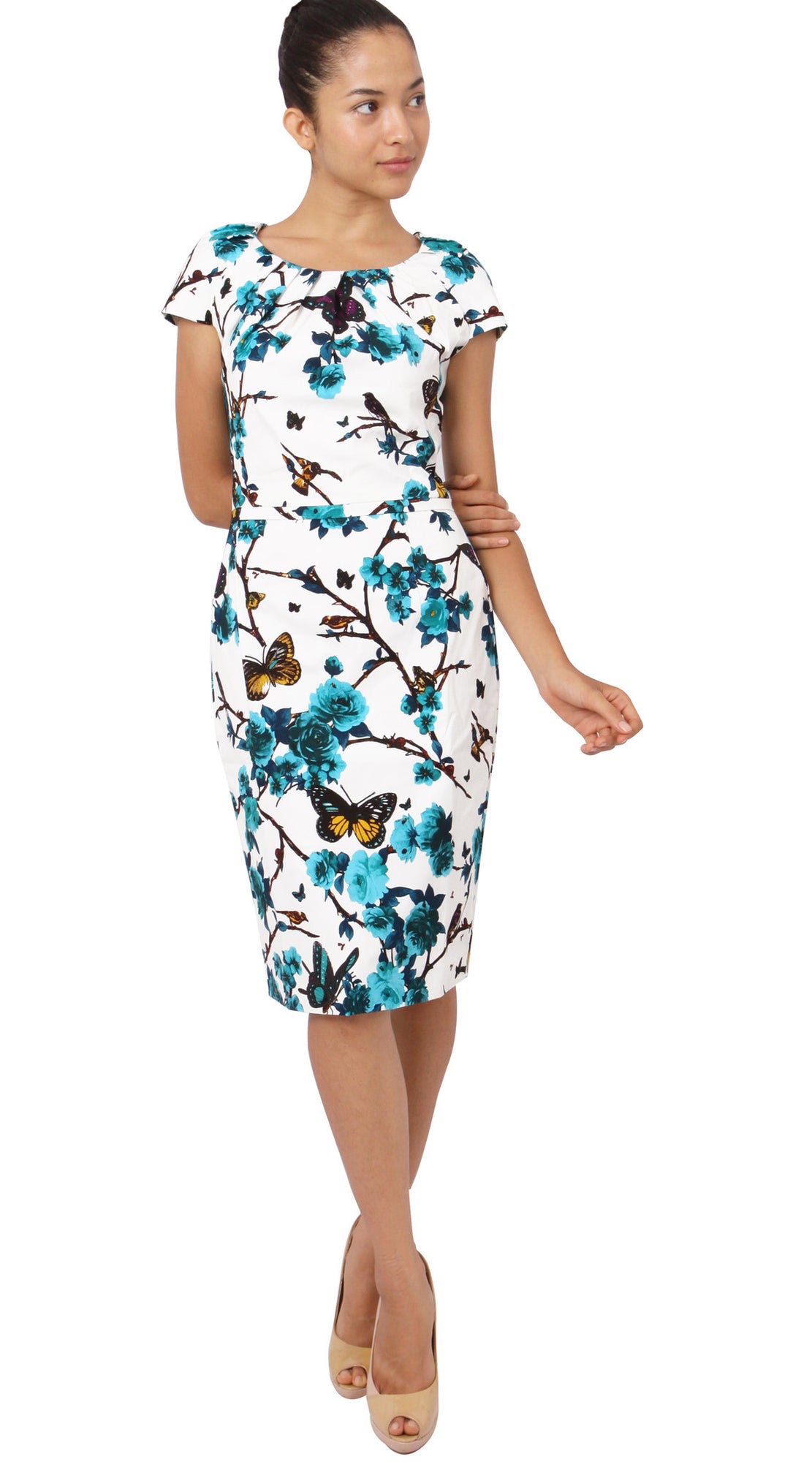 Cap Sleeve | Rose Butterfly | White Aqua | Front-1 | Dress By Samantha Sung
