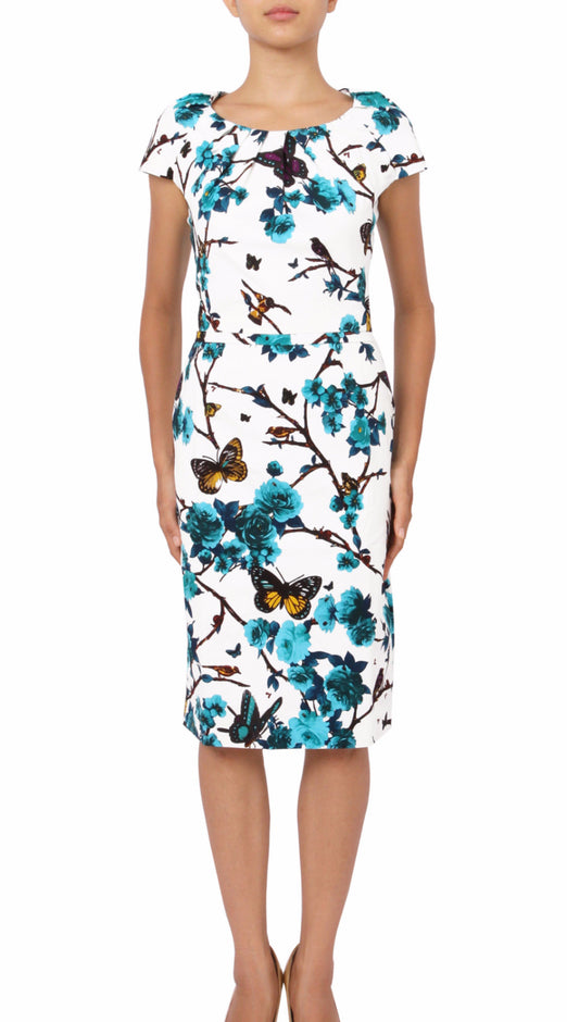 Cap Sleeve | Rose Butterfly | White Aqua | Front-1 | Dress By Samantha Sung