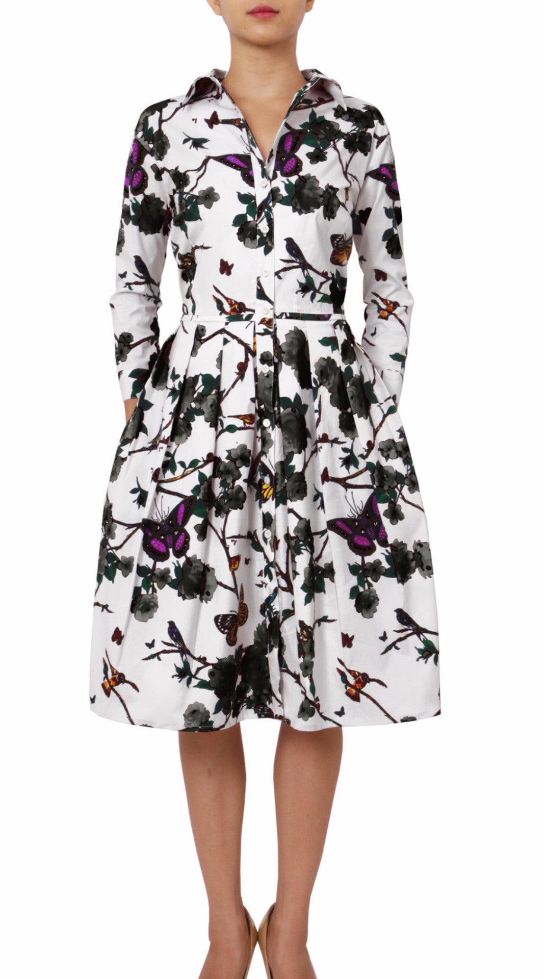 3/4 Sleeve | Rose Butterfly | White Black | Front | Shirt Dress By Samantha Sung