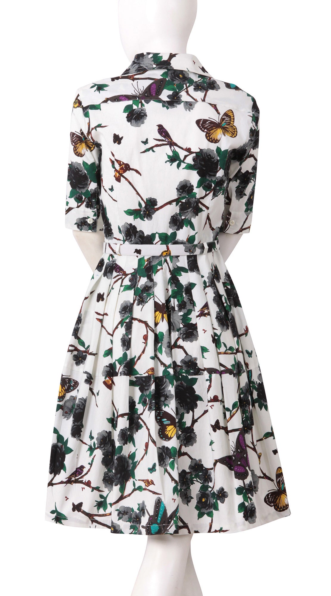 1/2 Sleeve | Rose Butterfly | White Black | Back | Shirt Dress By Samantha Sung