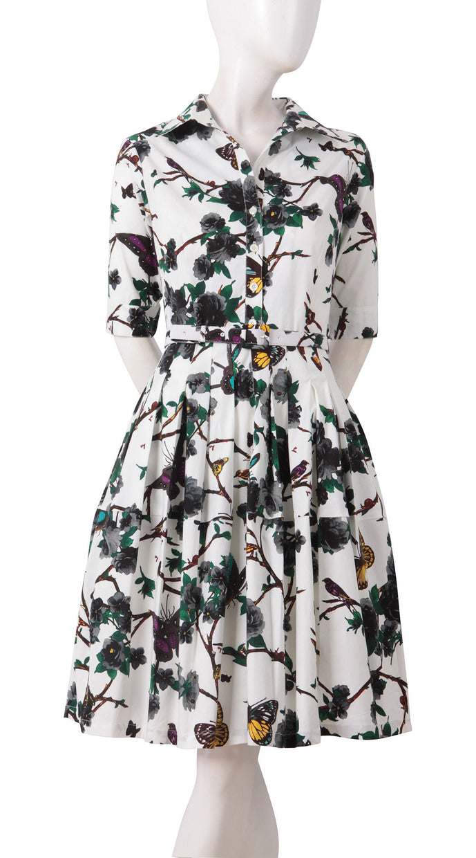 1/2 Sleeve | Rose Butterfly | White Black | Front-1 | Shirt Dress By Samantha Sung