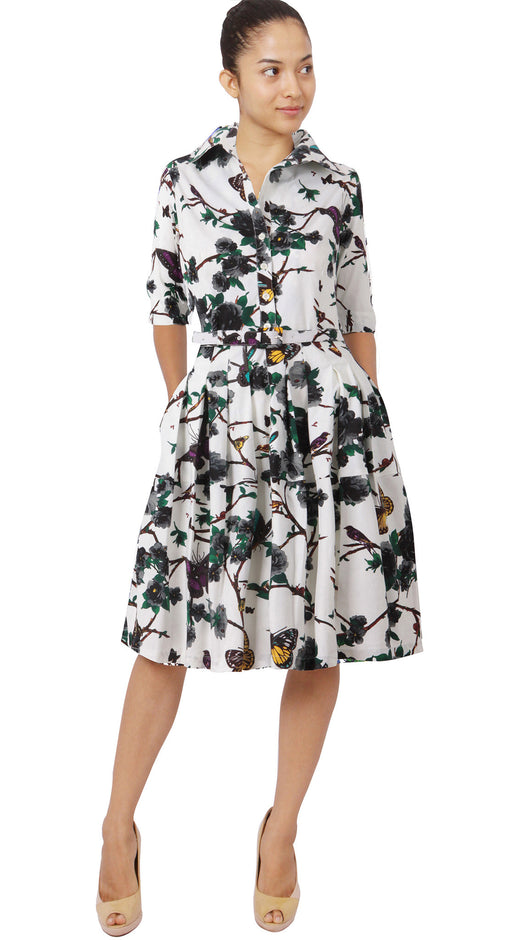 1/2 Sleeve | Rose Butterfly | White Black | Front | Shirt Dress By Samantha Sung