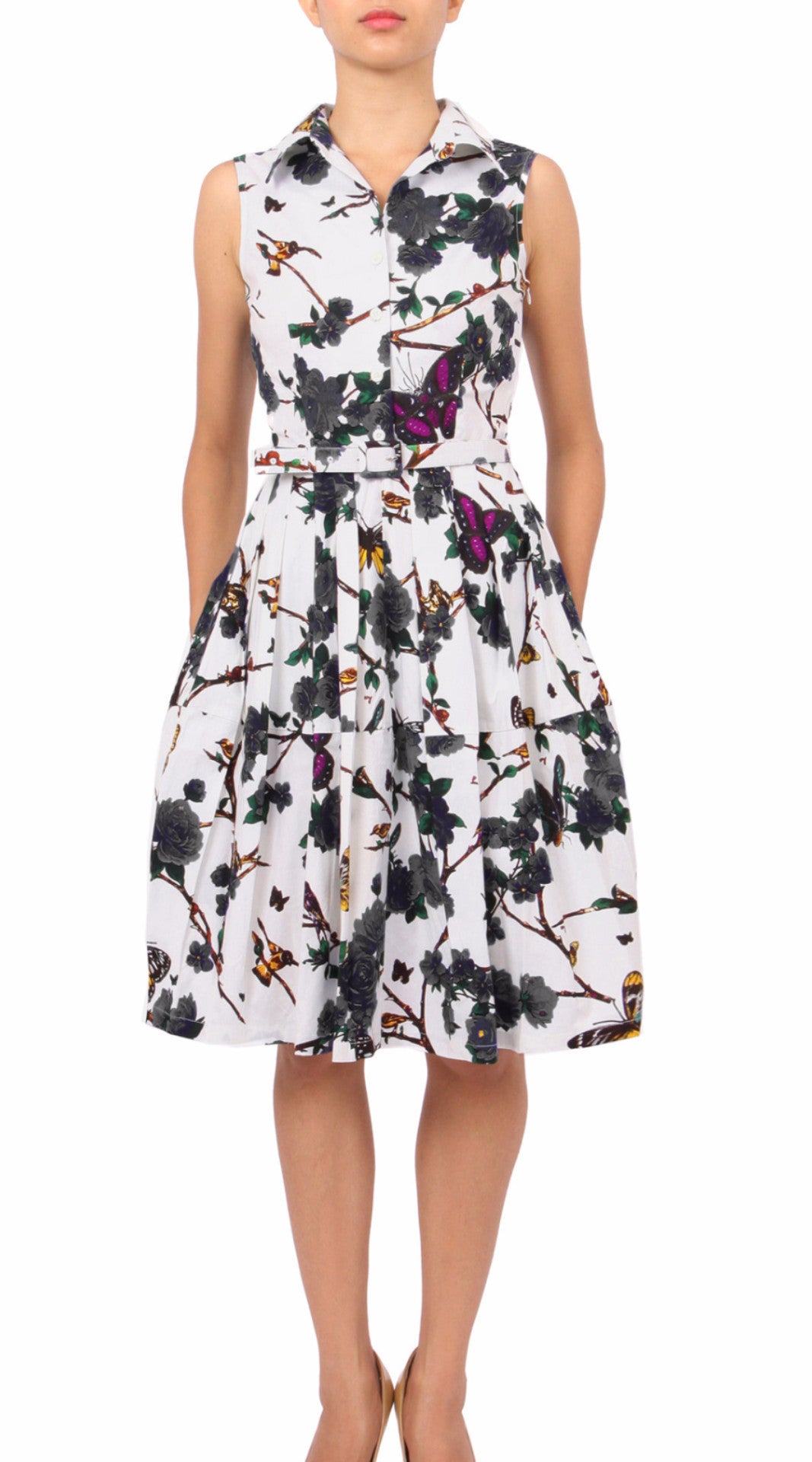Sleeveless | Rose Butterfly | White Black | Front | Shirt Dress By Samantha Sung