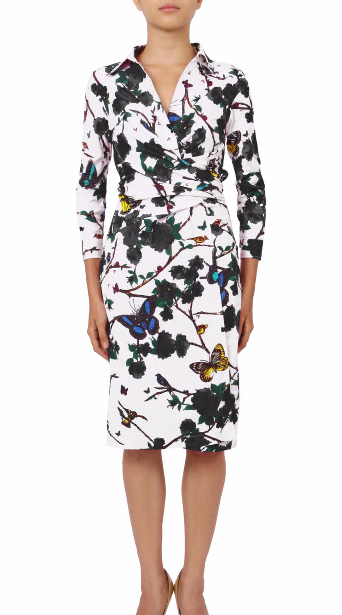3/4 Sleeve | Rose Butterfly | White Black | Front | Shirt Dress By Samantha Sung