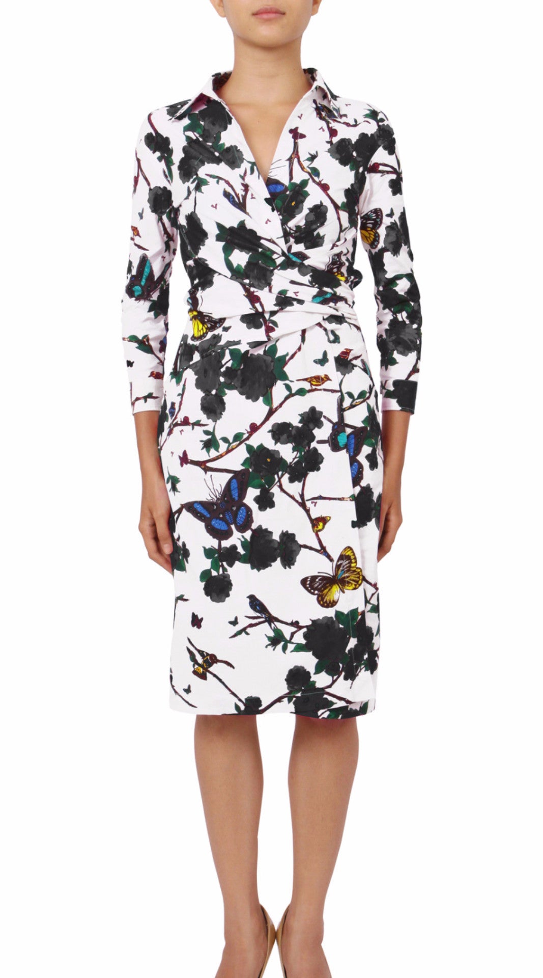 3/4 Sleeve | Rose Butterfly | White Black | Front | Shirt Dress By Samantha Sung