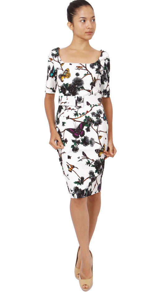 1/2 Sleeve | Rose Butterfly | White Black | Front-1 | Dress By Samantha Sung