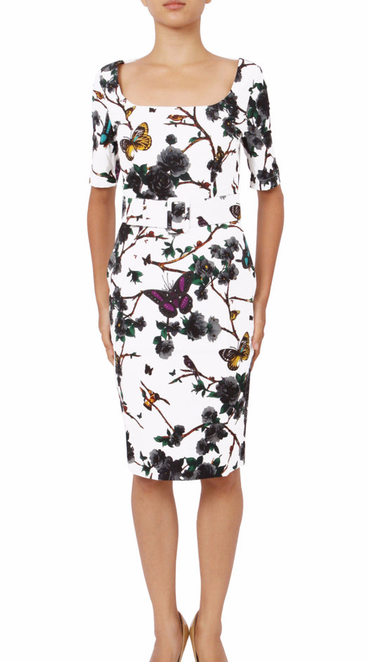1/2 Sleeve | Rose Butterfly | White Black | Front-1 | Dress By Samantha Sung