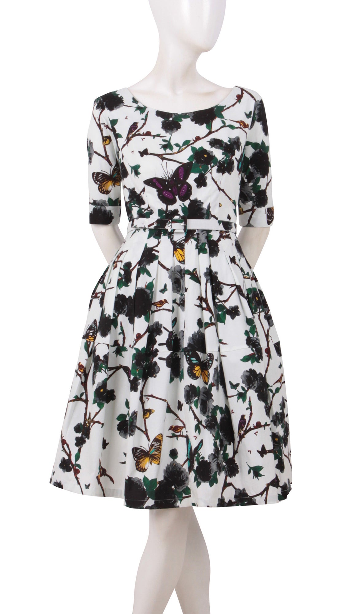 1/2 Sleeve | Rose Butterfly | White Black | Front | Dress By Samantha Sung