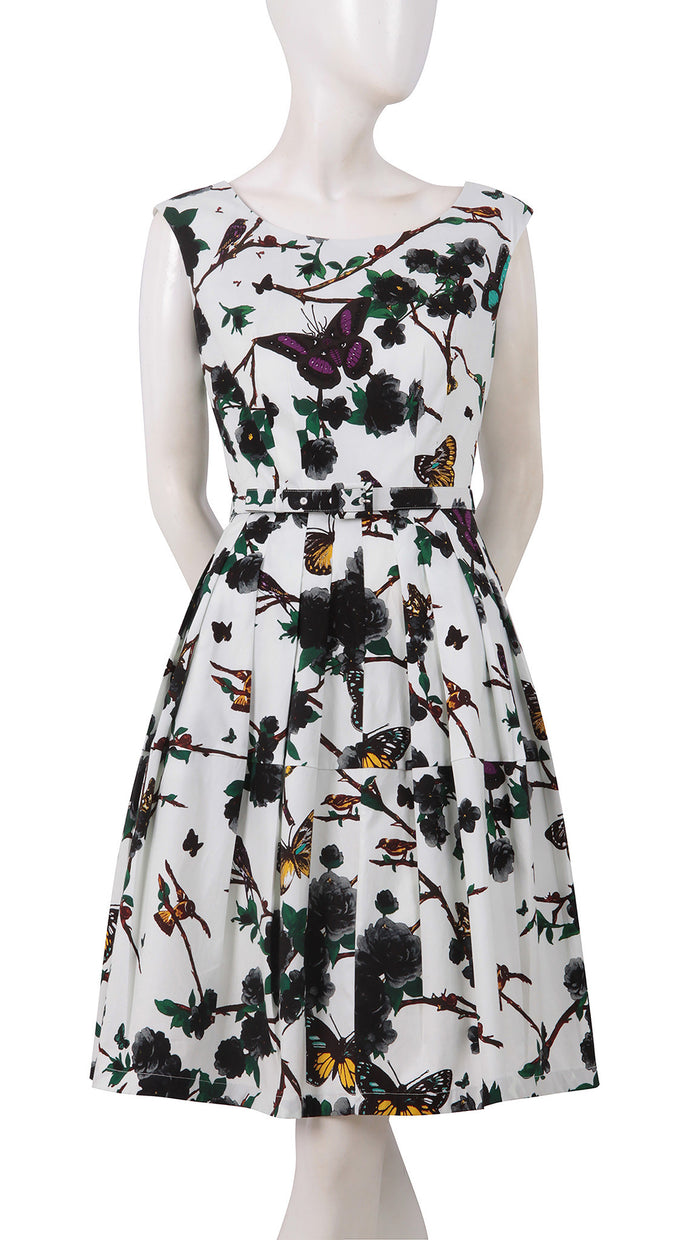 Cap Sleeve | Rose Butterfly | White Black | Front-1 | Dress By Samantha Sung