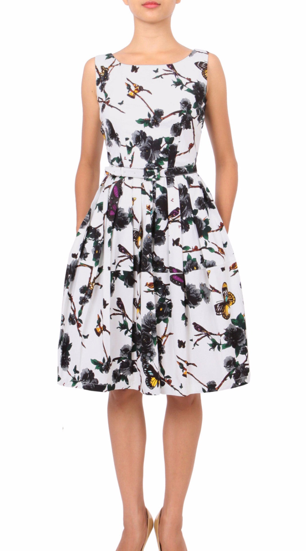 Sleeveless | Rose Butterfly | White Black | Front | Dress By Samantha Sung