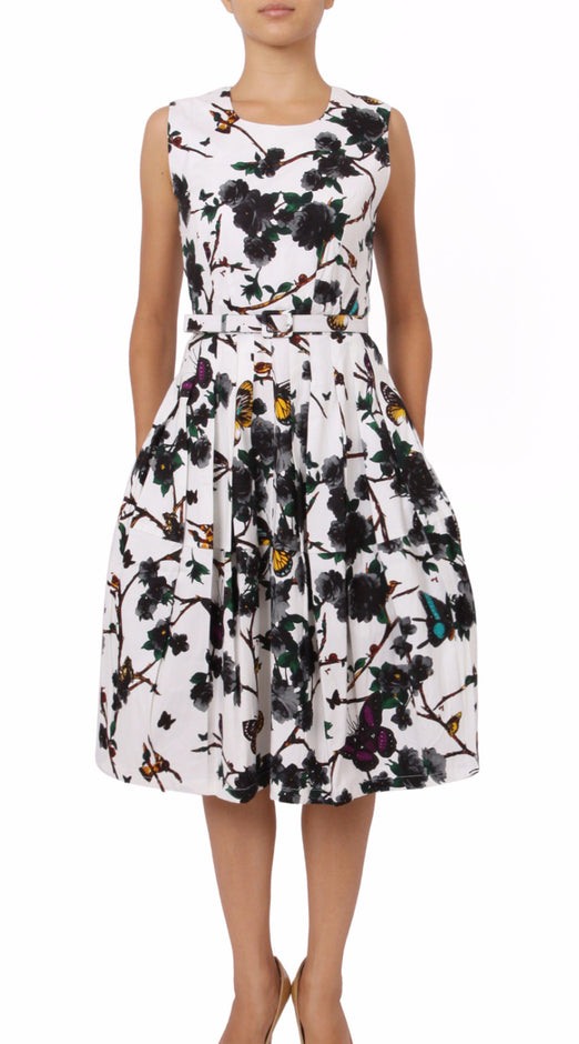 Sleeveless | Rose Butterfly | White Black | Front-1 | Dress By Samantha Sung