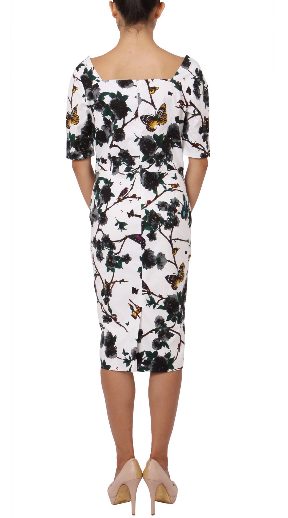 1/2 Sleeve | Rose Butterfly | White Black | Back | Dress By Samantha Sung
