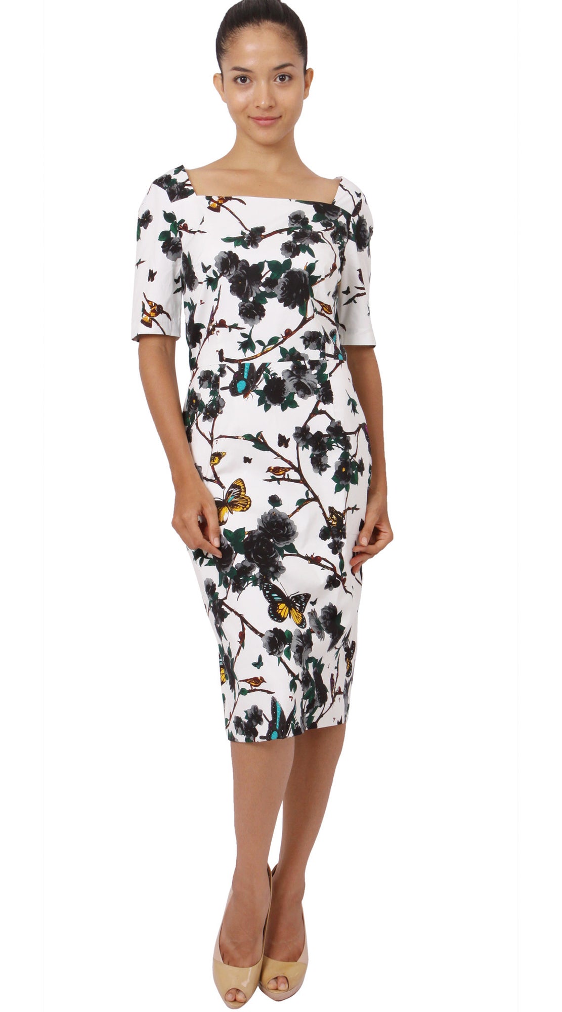 1/2 Sleeve | Rose Butterfly | White Black | Front-1 | Dress By Samantha Sung