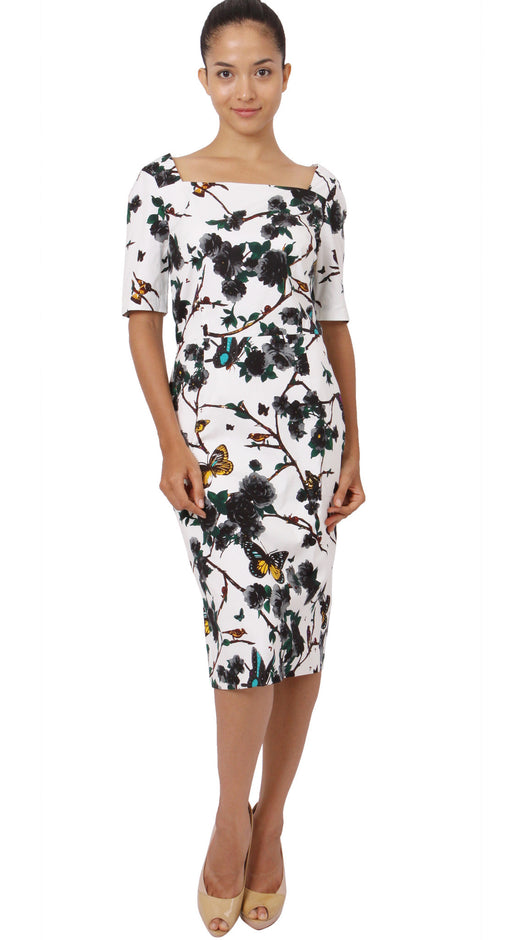 1/2 Sleeve | Rose Butterfly | White Black | Front-1 | Dress By Samantha Sung