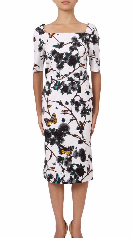 1/2 Sleeve | Rose Butterfly | White Black | Front-1 | Dress By Samantha Sung