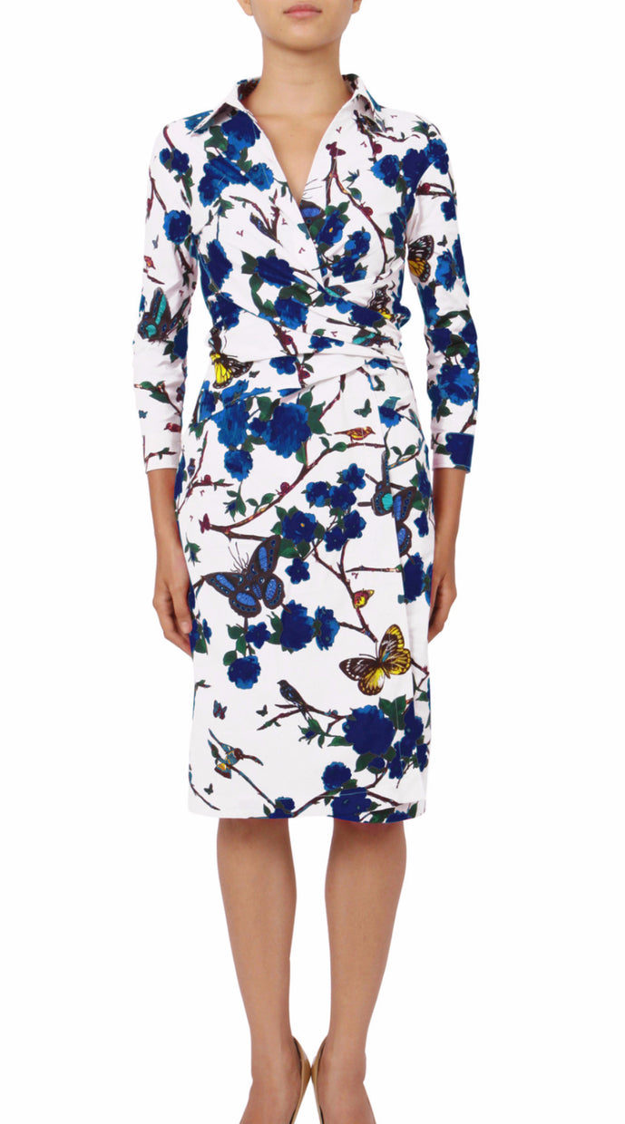 3/4 Sleeve | Rose Butterfly | White Cobalt Blue | Front | Shirt Dress By Samantha Sung