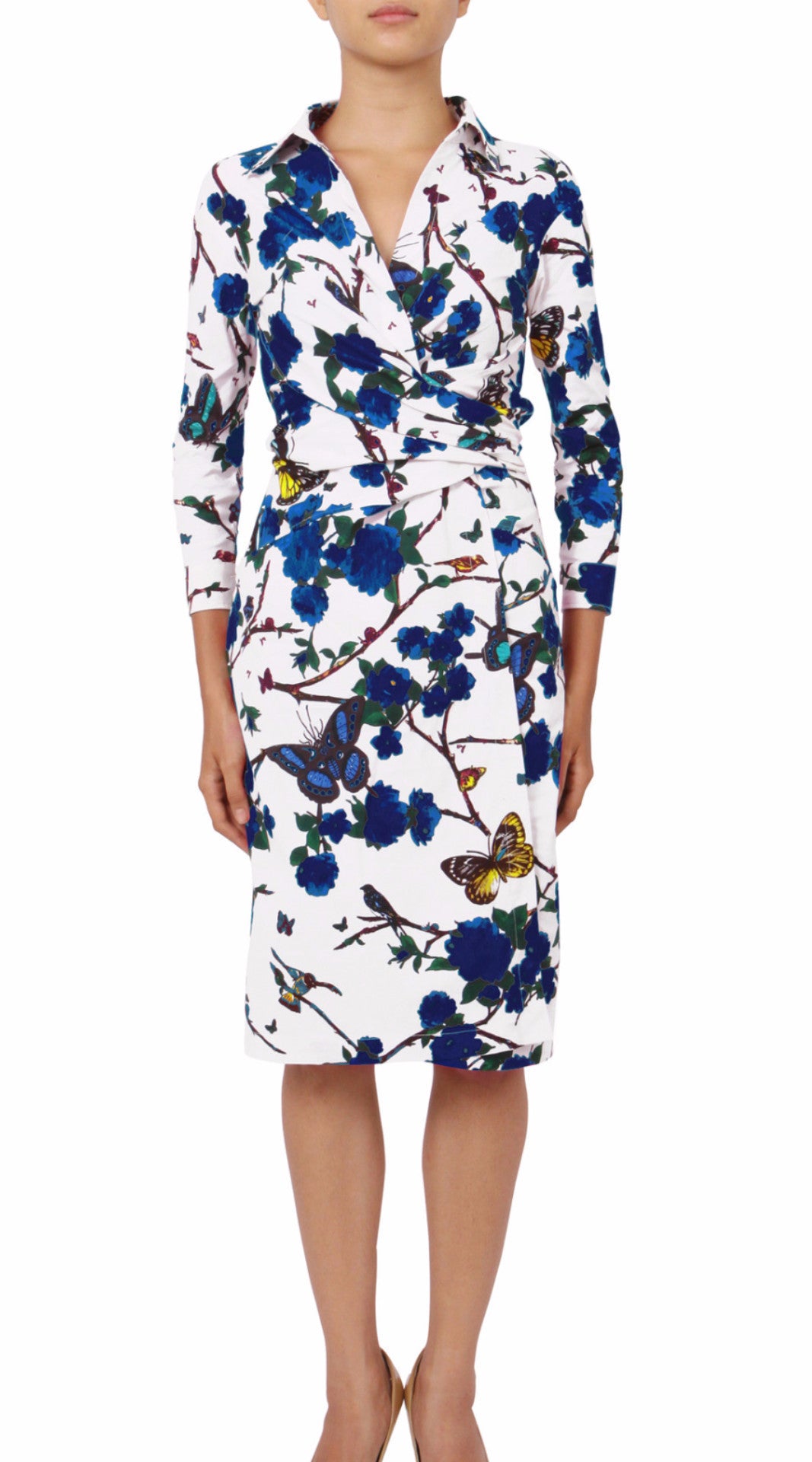 3/4 Sleeve | Rose Butterfly | White Cobalt Blue | Front | Shirt Dress By Samantha Sung