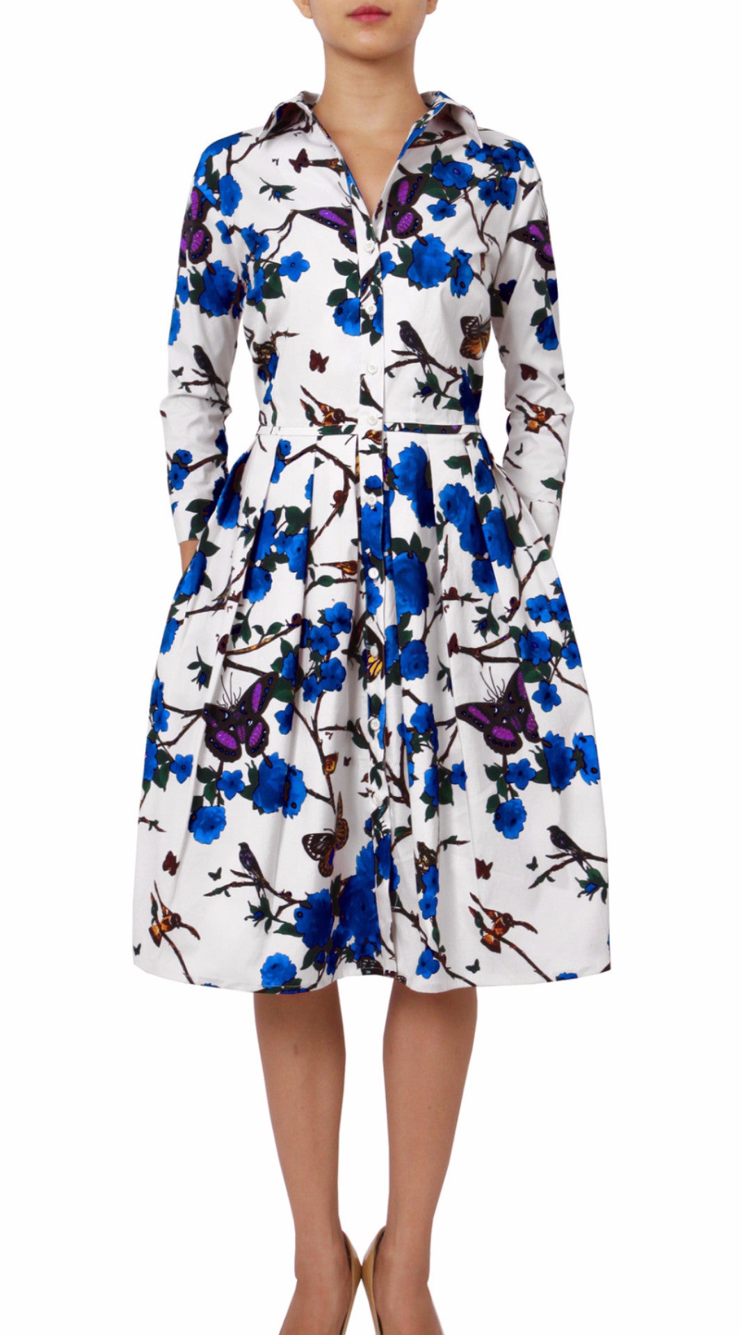 3/4 Sleeve | Rose Butterfly | White Cobalt Blue| Front | Shirt Dress By Samantha Sung