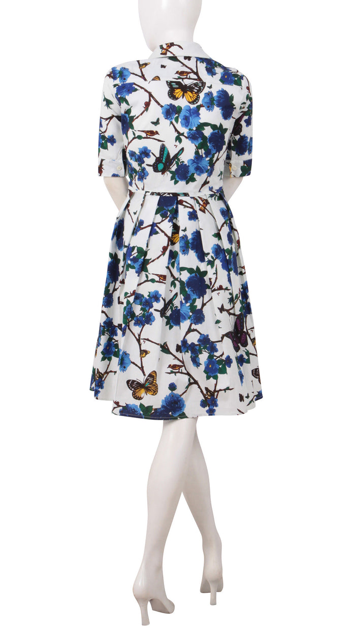 1/2 Sleeve | Rose Butterfly | White Cobalt Blue | Back | Shirt Dress By Samantha Sung