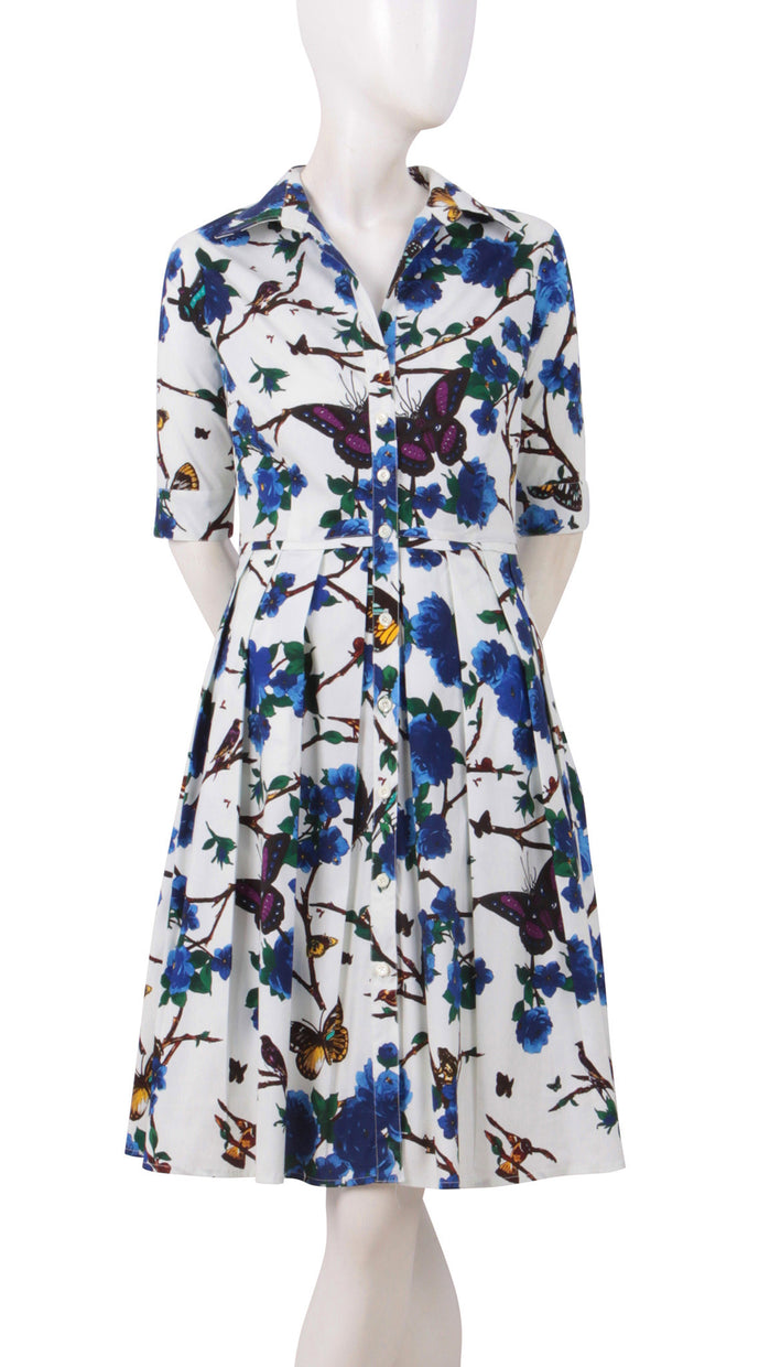 1/2 Sleeve | Rose Butterfly | White Cobalt Blue | Front | Shirt Dress By Samantha Sung