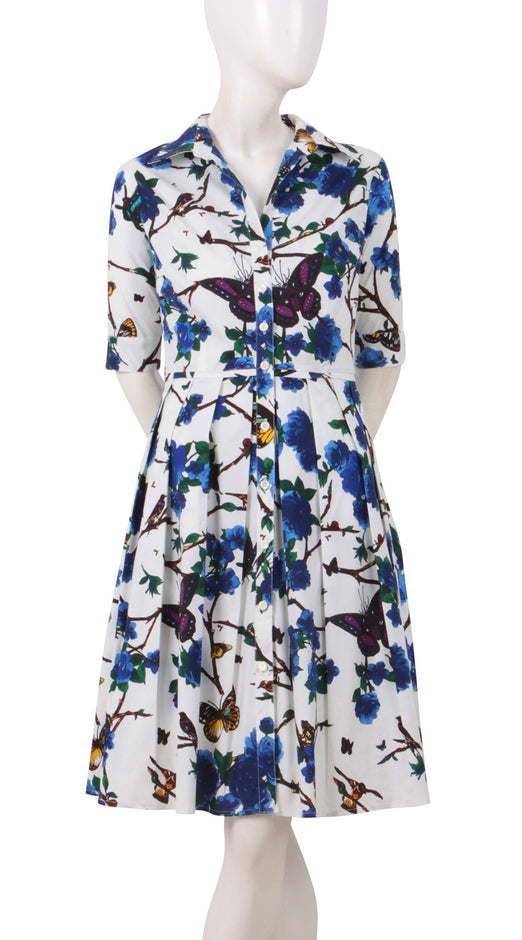 1/2 Sleeve | Rose Butterfly | White Cobalt Blue | Front | Shirt Dress By Samantha Sung
